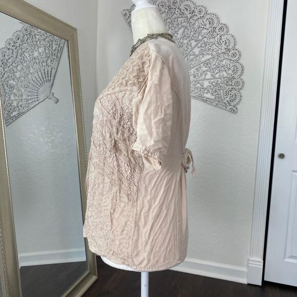Boho Cottagecore Milkmaid Cream Tan Embroidered Lace Button Down Blouse Top OS - Picture 4 of 7